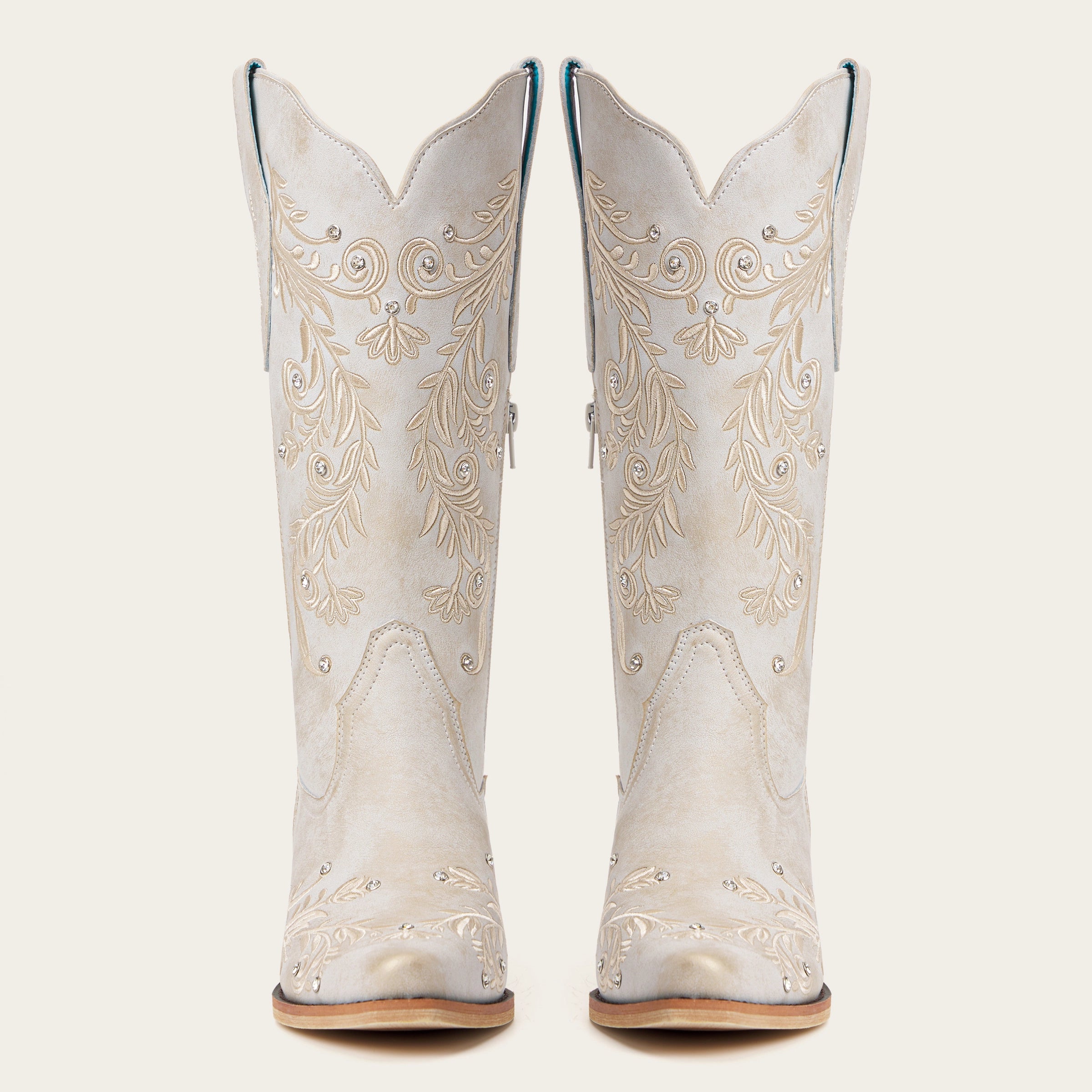 The Everly – Ivory Cowgirl Boots with Vine Embroidery and Crystal Accents