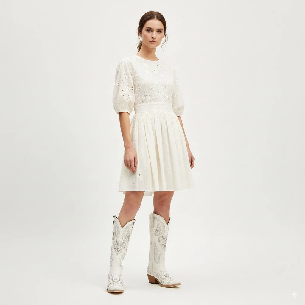 The Aurelia - Ivory Pearl Women's Cowgirl Boots with Snip Toe & Floral Embroidery