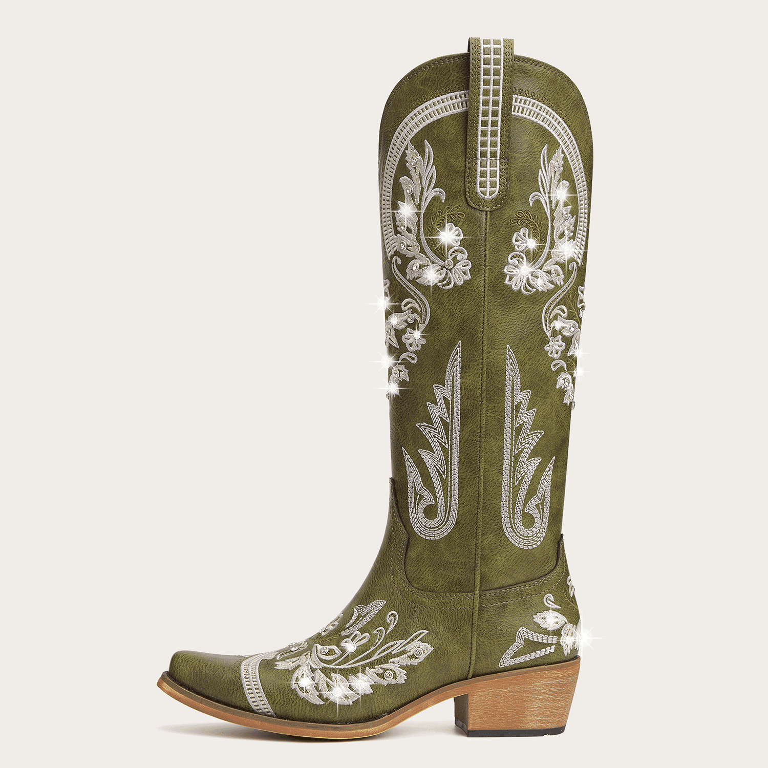 The Aurelia - Olive Green Women's Cowboy Boots with Snip Toe & Floral Embroidery
