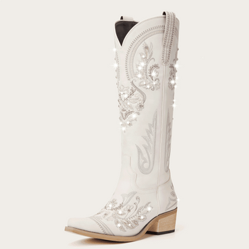The Aurelia - Cream Floral Embroidered Rhinestone Snip Toe Cowgirl Boots