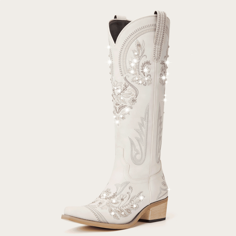 The Aurelia - Ivory Pearl Women's Cowgirl Boots with Snip Toe & Floral Embroidery