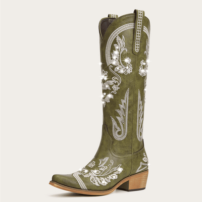 The Aurelia - Olive Green Women's Cowboy Boots with Snip Toe & Floral Embroidery