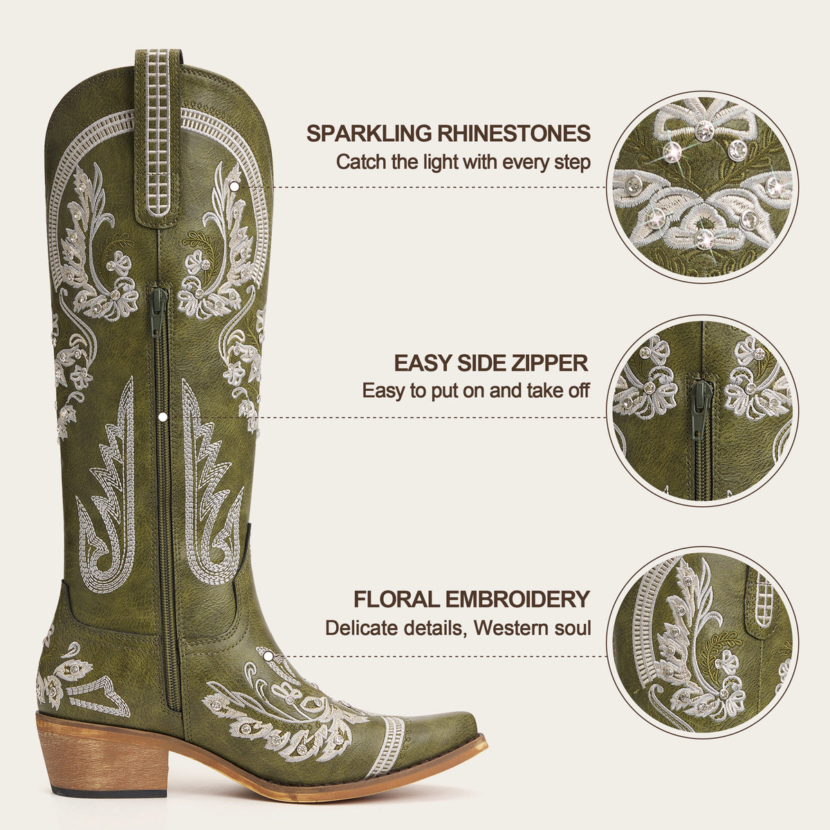 The Aurelia - Olive Green Floral Embroidered Rhinestone Snip Toe Cowgirl Boots