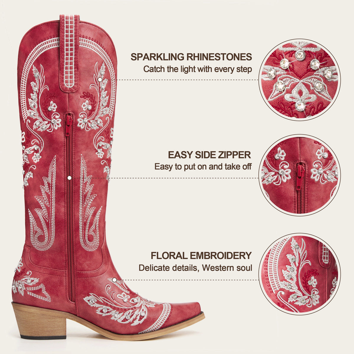 The Aurelia - Crimson Blaze Floral Embroidered Rhinestone Snip Toe Cowgirl Boots