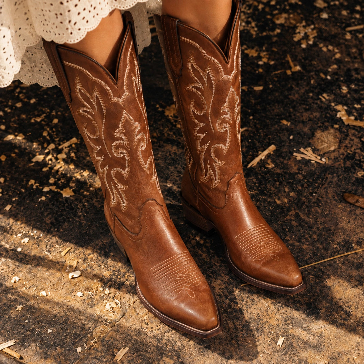The Loretta - Brown Flame Embroidered Cowgirl Boots with Side Zipper