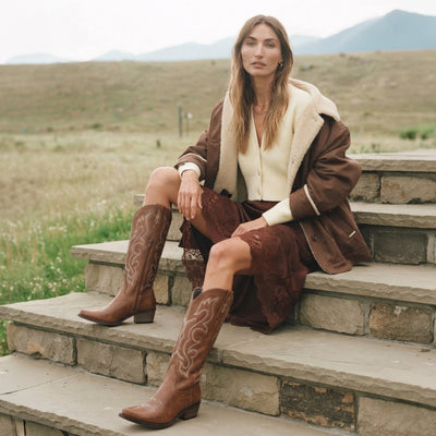 The Cheyenne - Brown Vintage Scroll Embroidered Snip Toe Cowgirl Boots with Side Zipper
