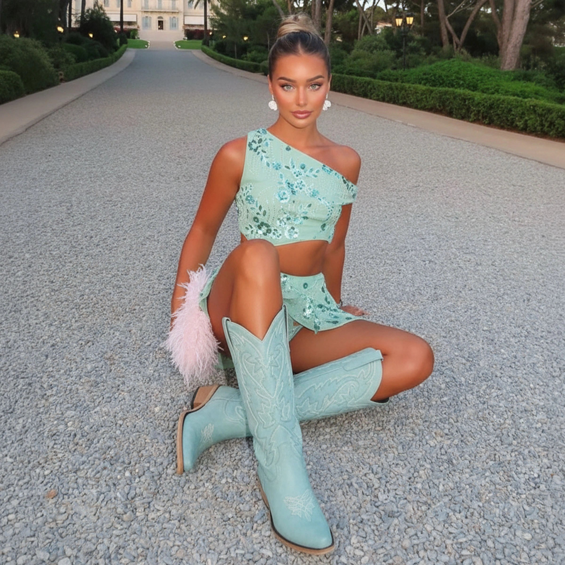 The Molly Wood - Blue Snip Toe Embroidered Cute Comfortable Tall Cowgirl Boots