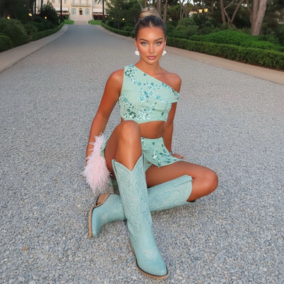 The Molly Wood - Blue Snip Toe Embroidered Cute Comfortable Tall Cowgirl Boots