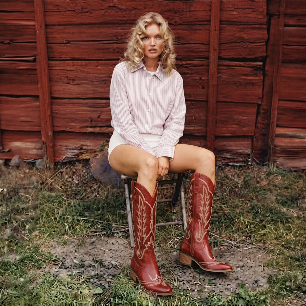 The Rosemary - Crimson Embroidered Tall Western Cowgirl Boots with Side Zipper