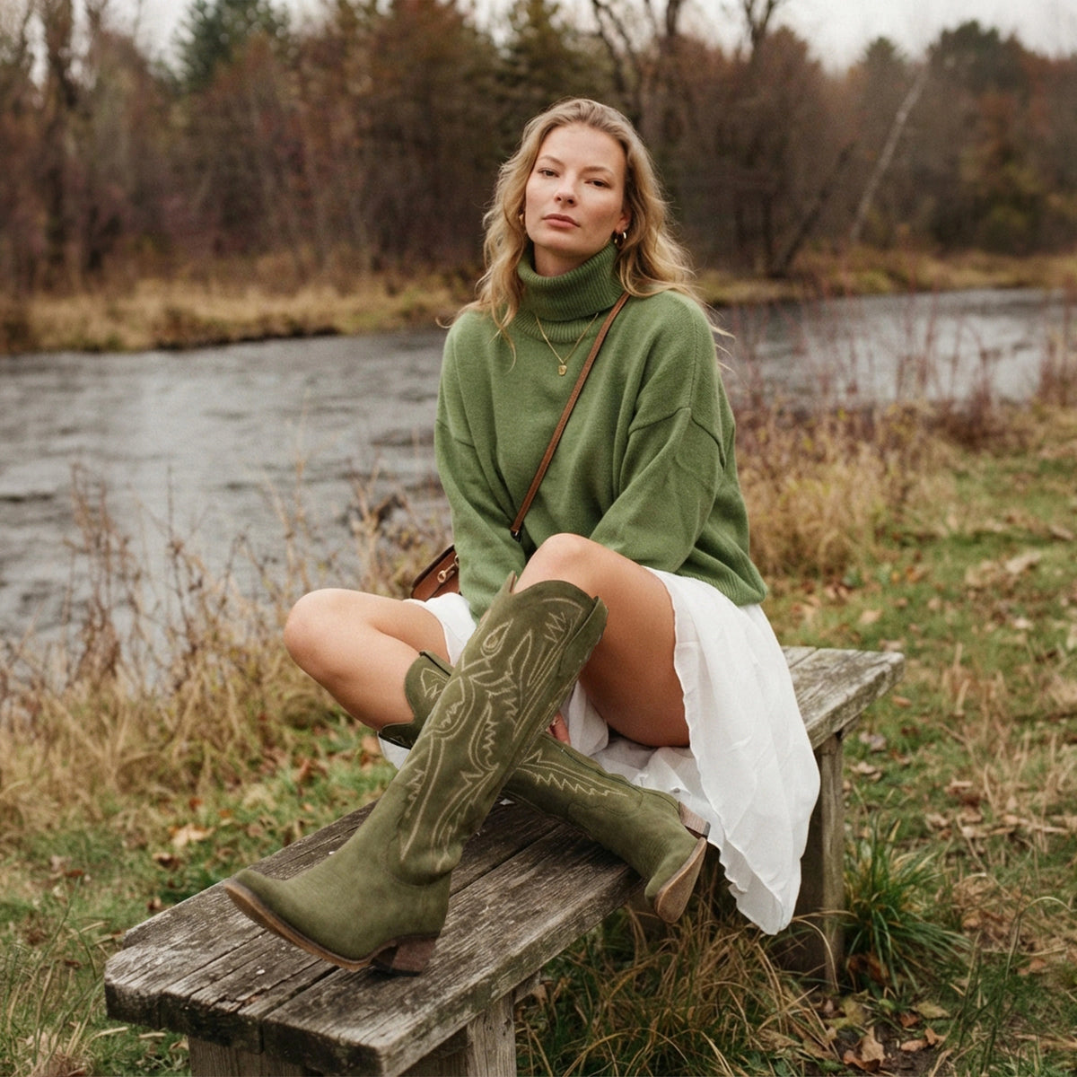 The Withersteen - Olive Suede Adjustable Wide Calf Soft Snip Toe Cowgirl Boots