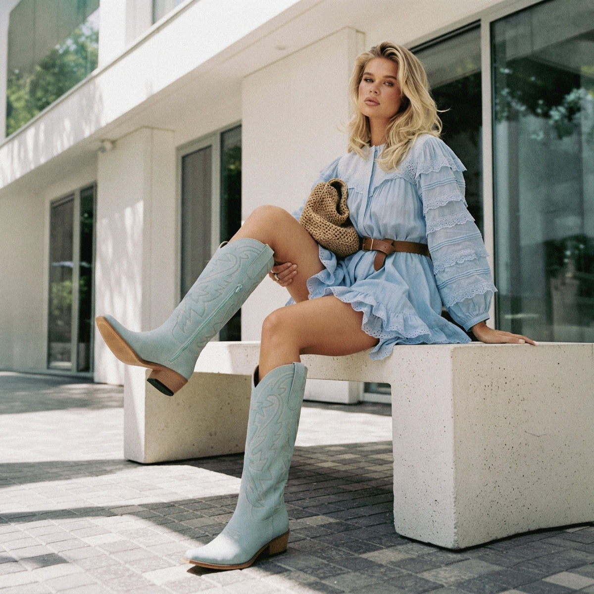 The Molly Wood - Sky Blue Embroidered Tall Western Cowgirl Boots with Side Zipper