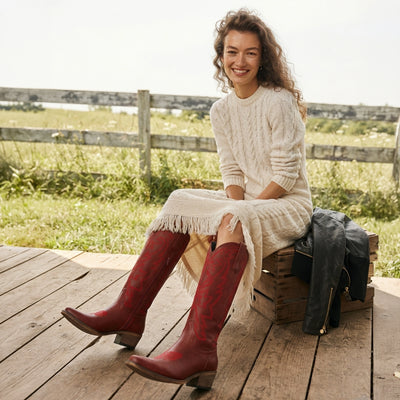 The Molly Wood - Canyon Red Embroidered Tall Western Cowgirl Boots with Side Zipper