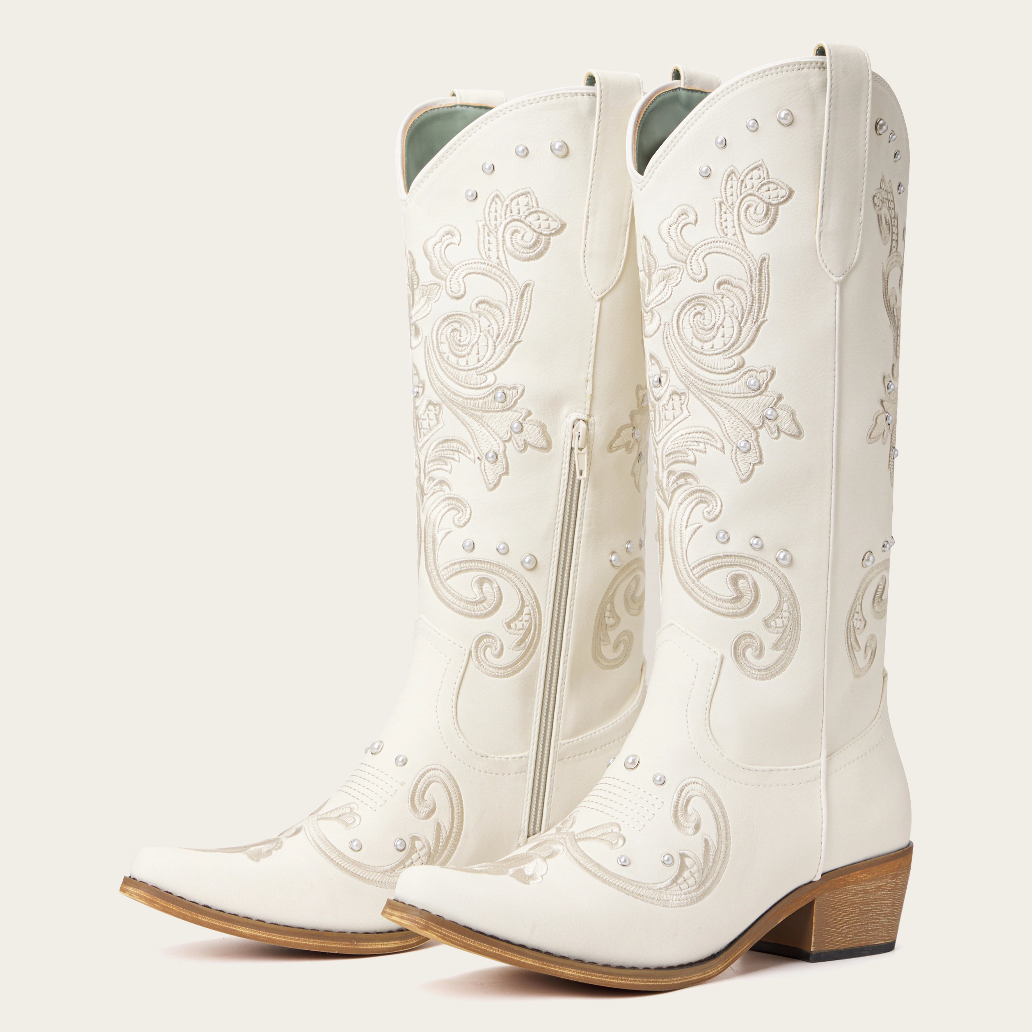 The Missie – Ivory Embroidered Cowgirl Boots with Pearls and Elegant Western Flair