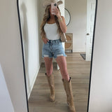 The Rosemary - Beige Suede Classic Tall Cowgirl Boots with Embroidery