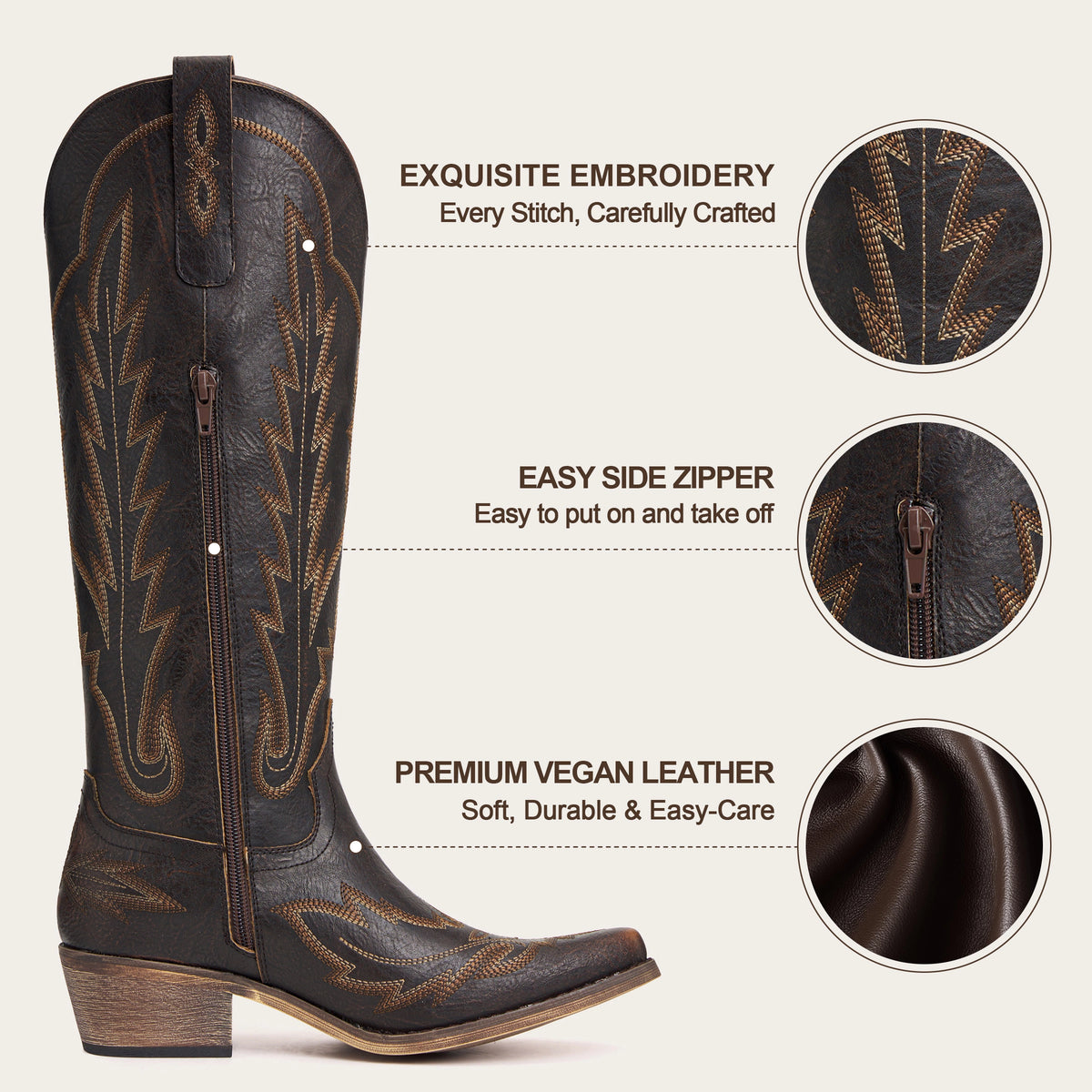 The Rosemary - Dark Brown Embroidered Tall Western Cowgirl Boots with Side Zipper