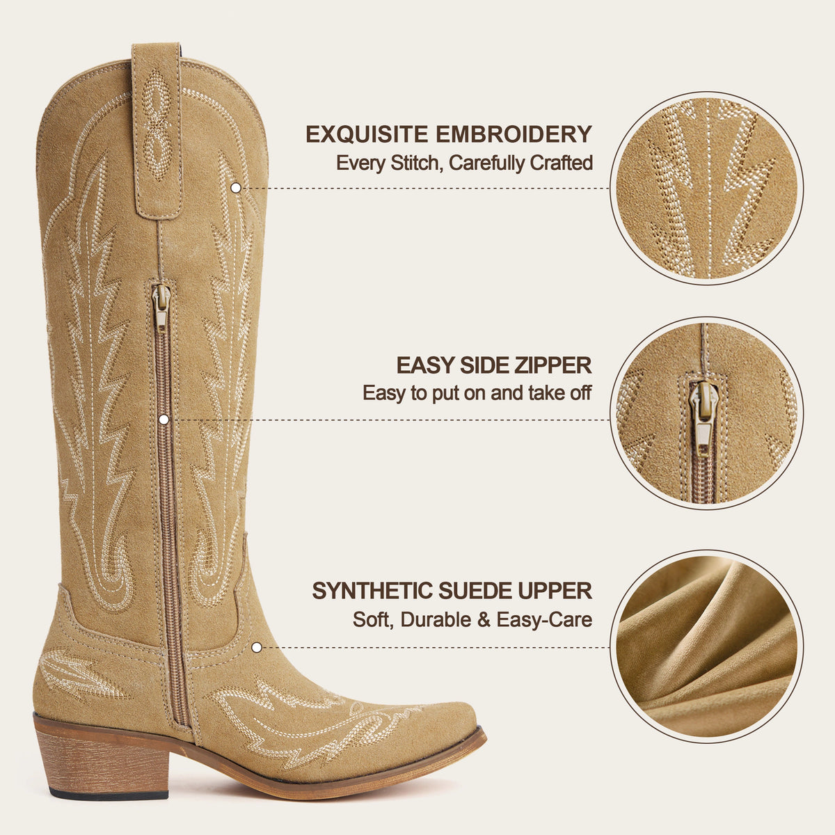 The Rosemary - Beige Embroidered Tall Western Cowgirl Boots with Side Zipper