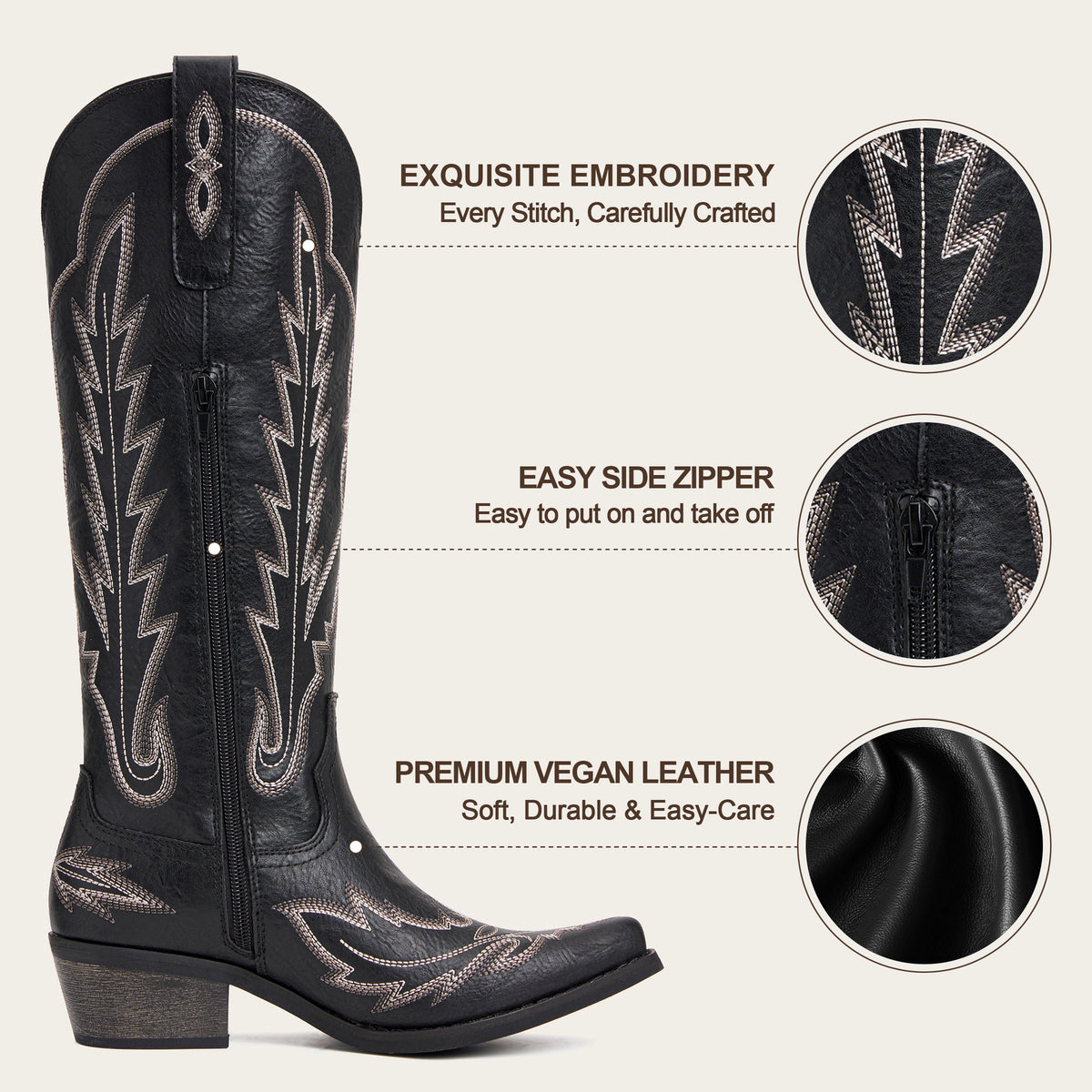 The Rosemary - Black Embroidered Tall Western Cowgirl Boots with Side Zipper