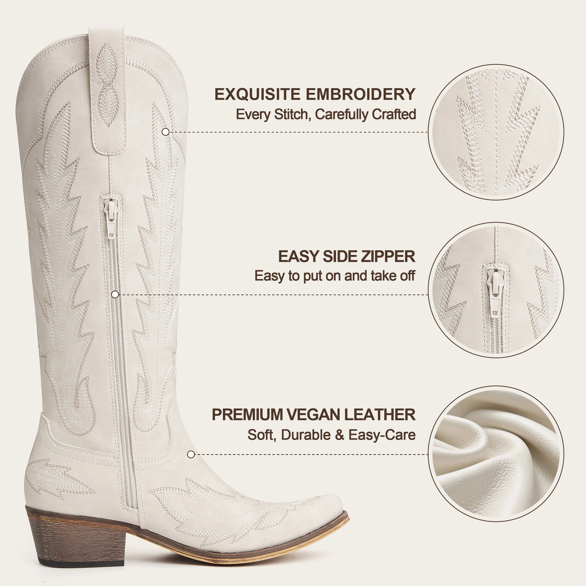 The Rosemary - Cream Embroidered Tall Western Cowgirl Boots with Side Zipper