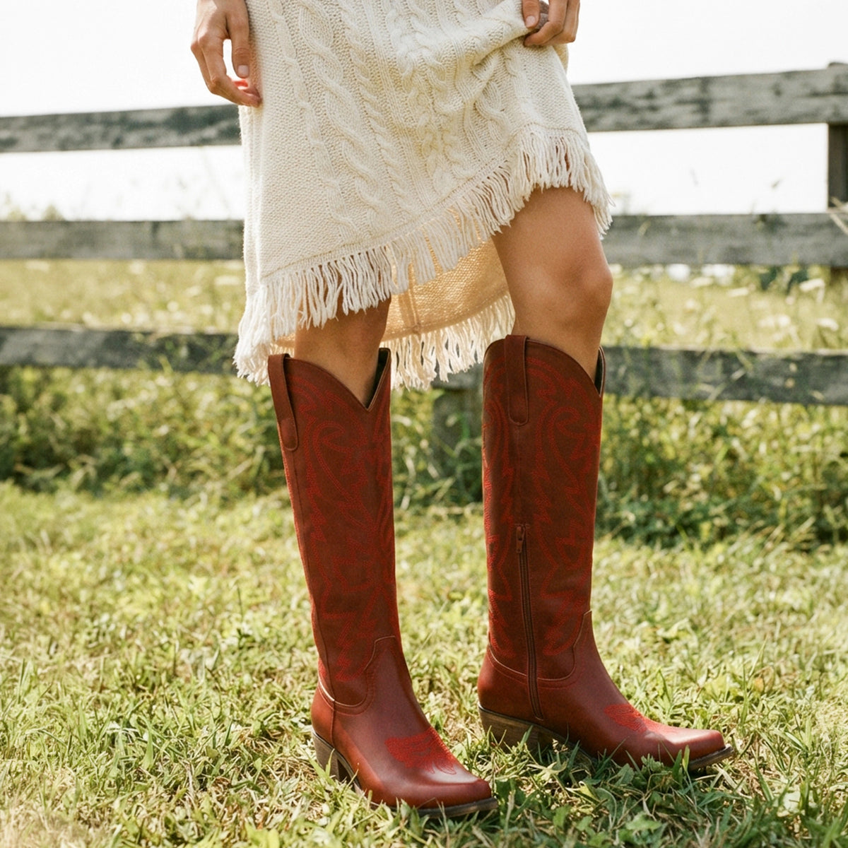 The Molly Wood - Canyon Red Embroidered Tall Western Cowgirl Boots with Side Zipper