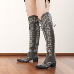 Women's Embroidered Lace-up Long Western Boots