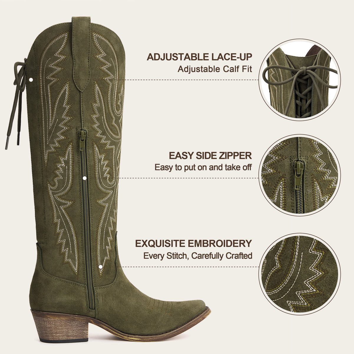 The Withersteen - Olive Suede Adjustable Wide Calf Soft Snip Toe Cowgirl Boots