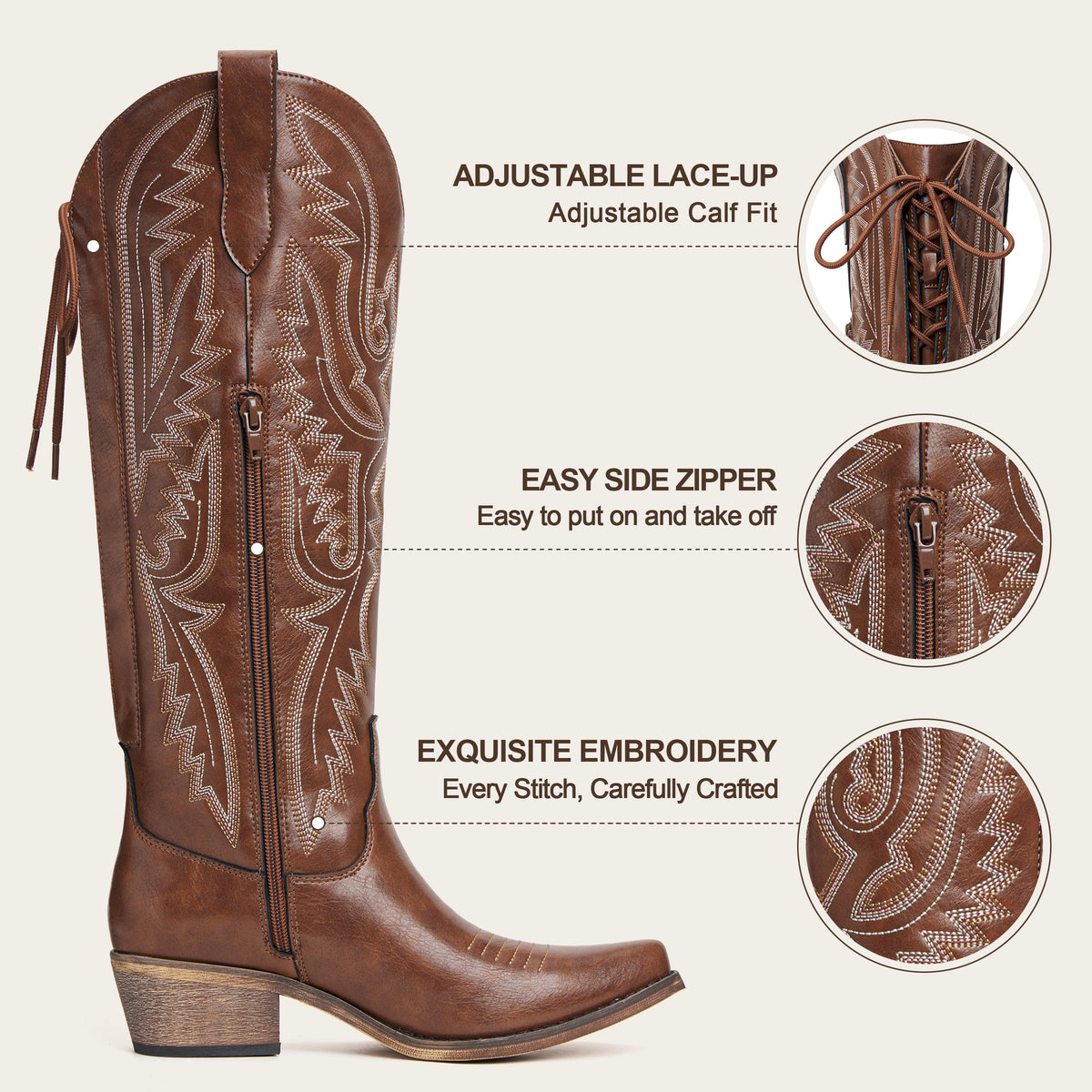 The Withersteen - Brown Adjustable Wide Calf Soft Snip Toe Cowgirl Boots
