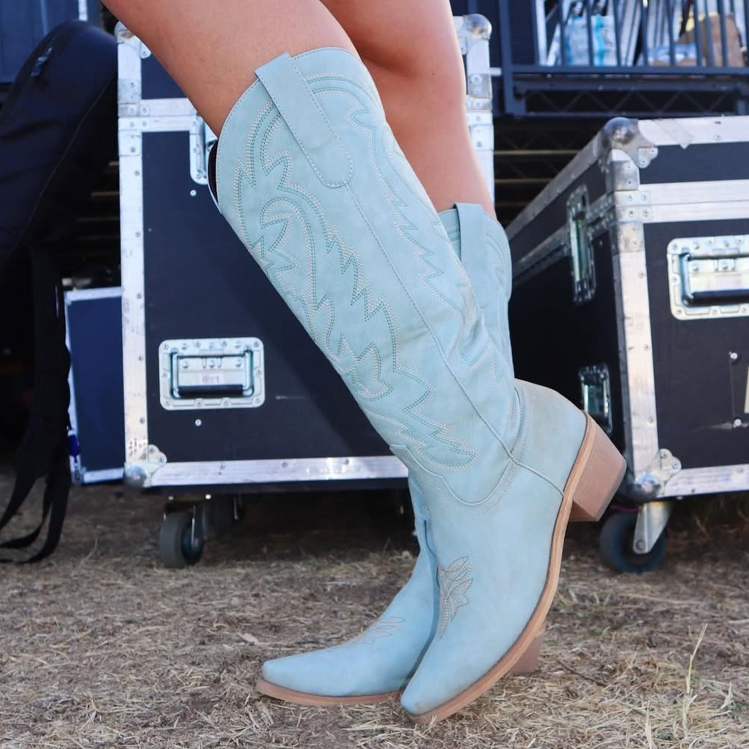 The Molly Wood – Blue Embroidered Tall Cowgirl Boots