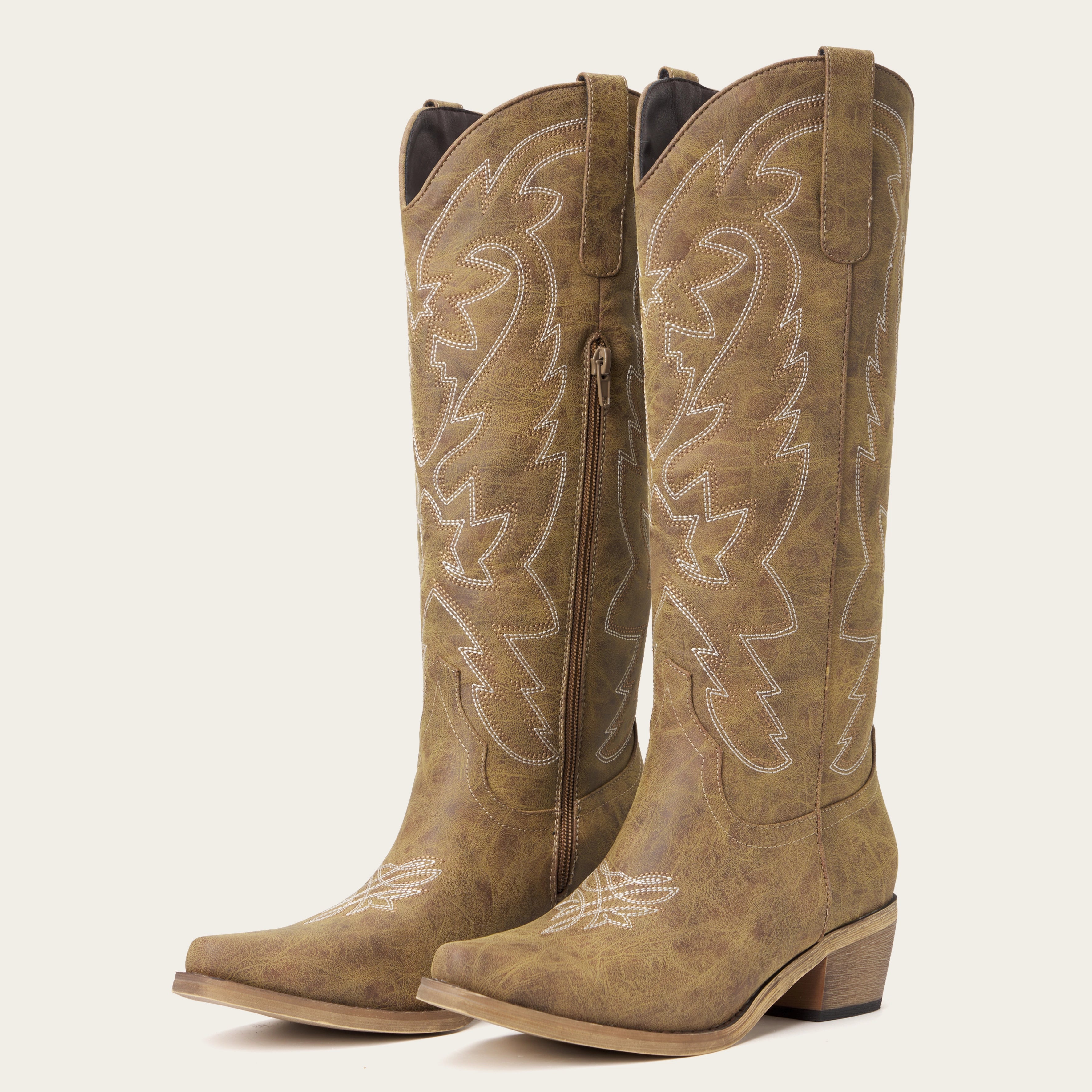 The Molly Wood – Distressed Tan Embroidered Tall Cowgirl Boots