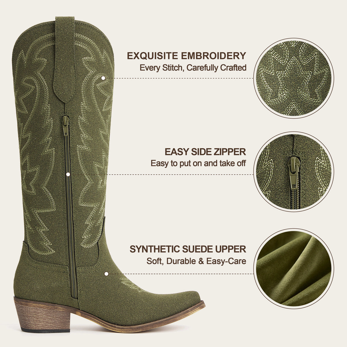 The Molly Wood - Olive Embroidered Tall Western Cowgirl Boots with Side Zipper