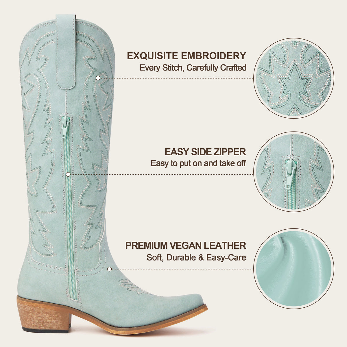 The Molly Wood - Sky Blue Embroidered Tall Western Cowgirl Boots with Side Zipper