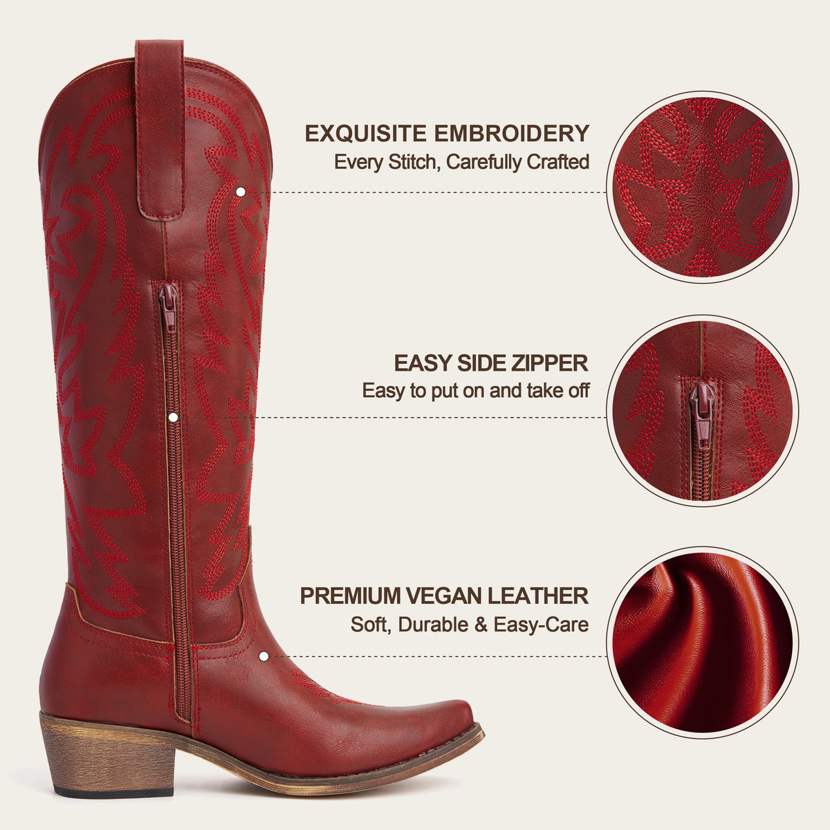 The Molly Wood - Canyon Red Embroidered Tall Western Cowgirl Boots with Side Zipper