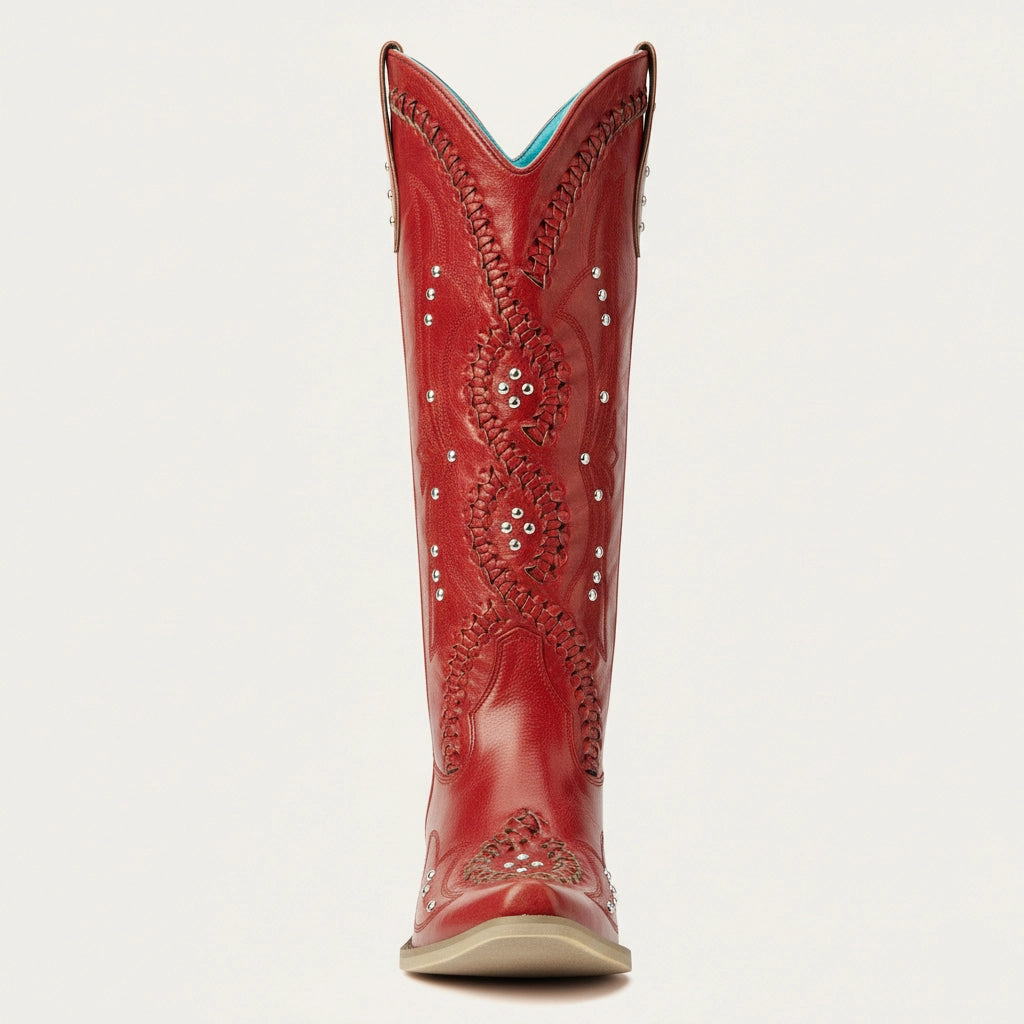 The Kitty - Red Snip Toe Rhinestone Cowgirl Boots with Cutout Woven