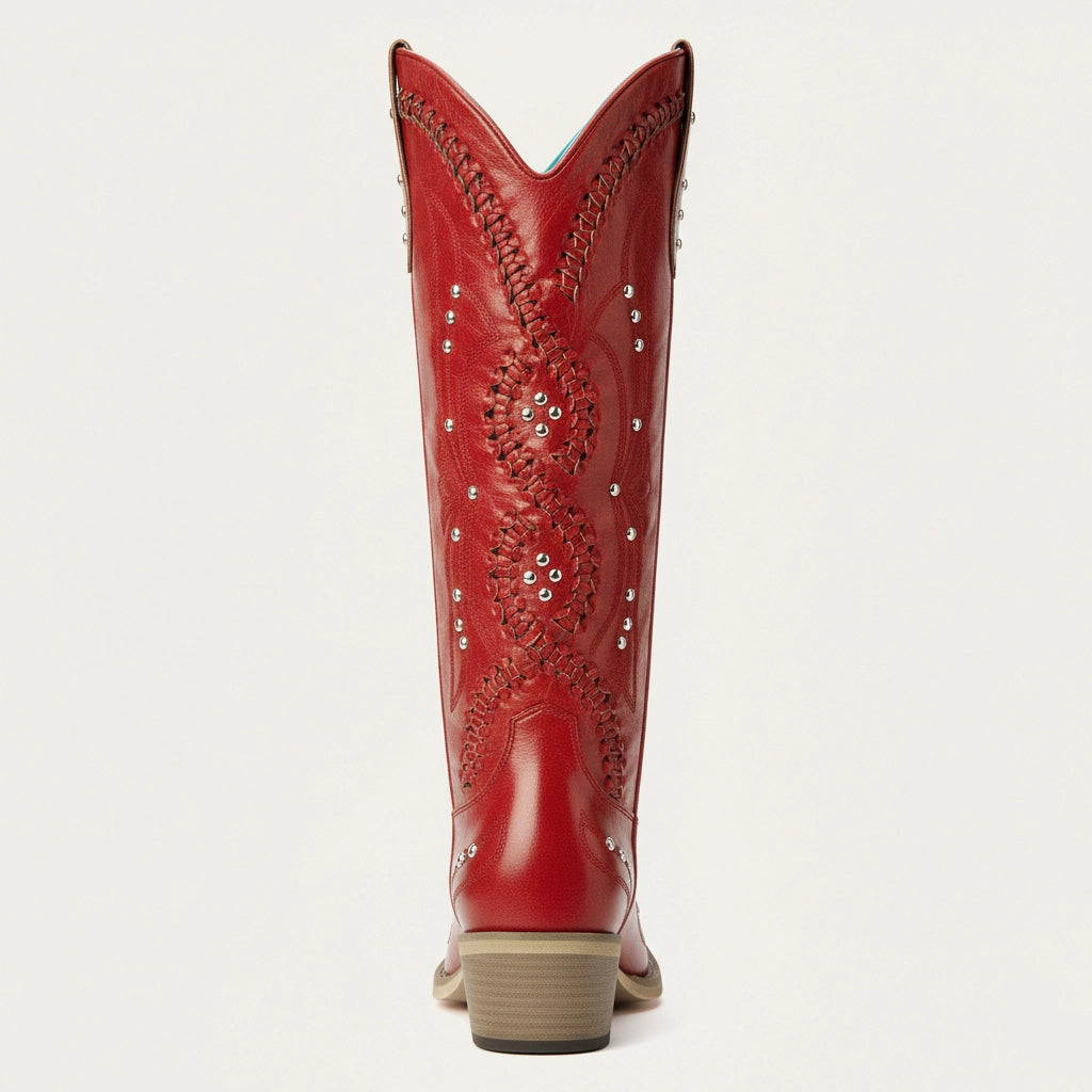 The Kitty - Red Snip Toe Rhinestone Cowgirl Boots with Cutout Woven