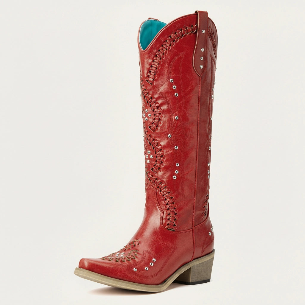 The Kitty - Red Snip Toe Rhinestone Cowgirl Boots with Cutout Woven