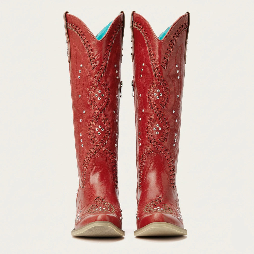 The Kitty - Red Snip Toe Rhinestone Cowgirl Boots with Cutout Woven