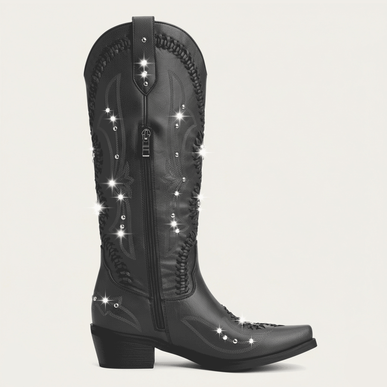 The Kitty - Black Snip Toe Rhinestone Cowgirl Boots with Cutout Woven