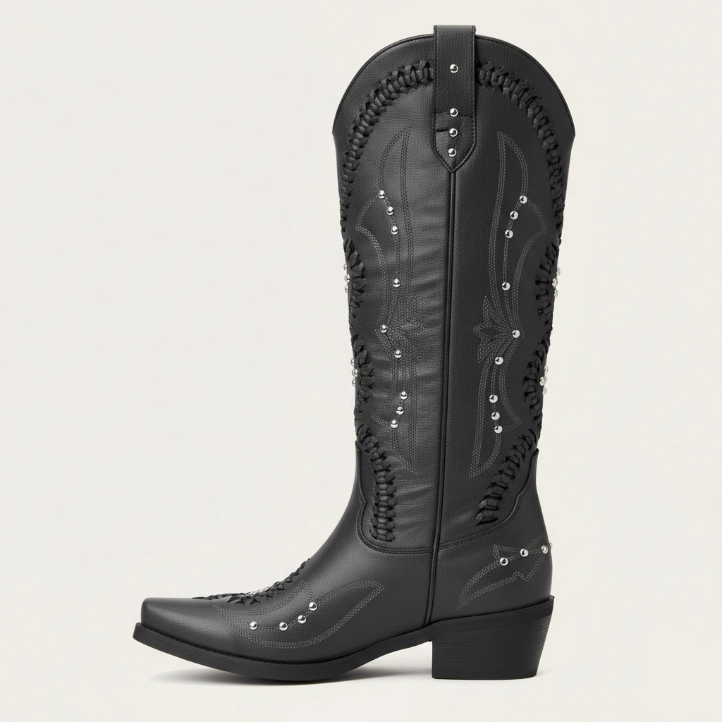 The Kitty - Black Snip Toe Rhinestone Cowgirl Boots with Cutout Woven