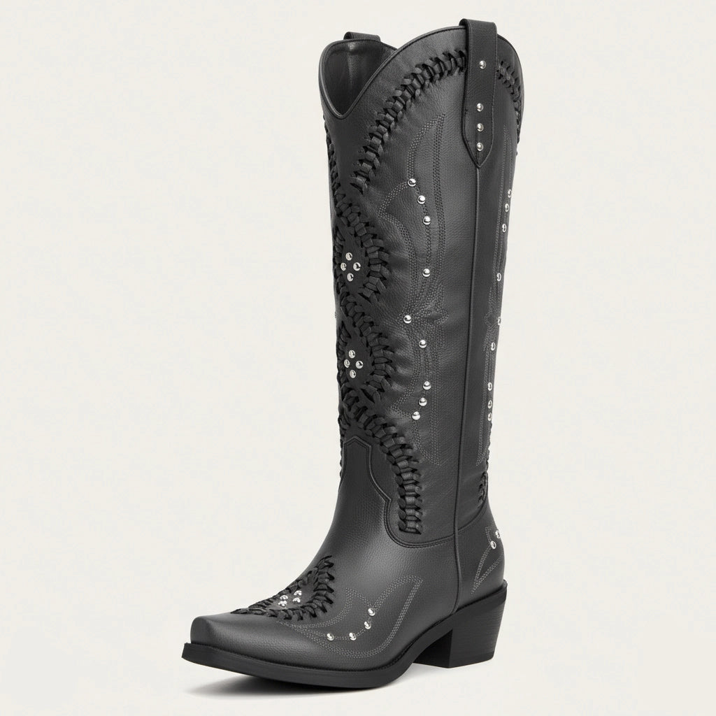 The Kitty - Black Snip Toe Rhinestone Cowgirl Boots with Cutout Woven