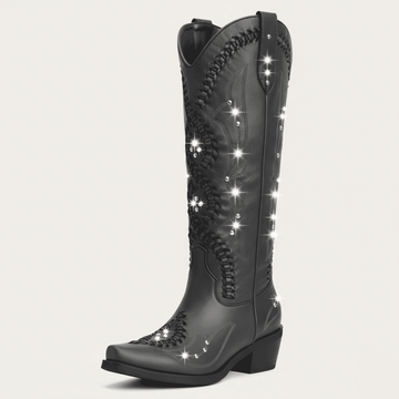 The Kitty - Charcoal Rhinestone Cutout Braided Snip Toe Cowgirl Boots with Side Zipper