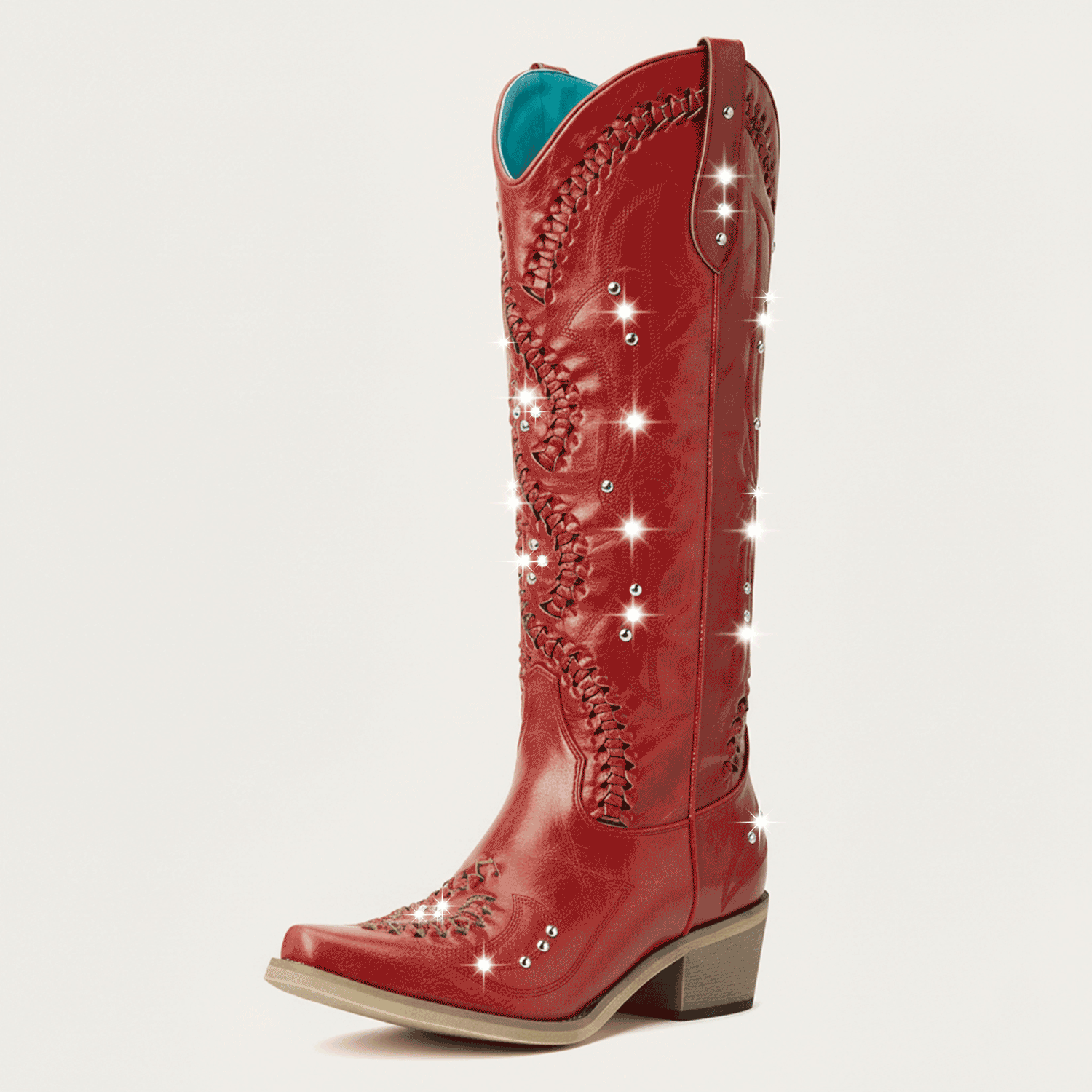 The Kitty - Red Snip Toe Rhinestone Cowgirl Boots with Cutout Woven