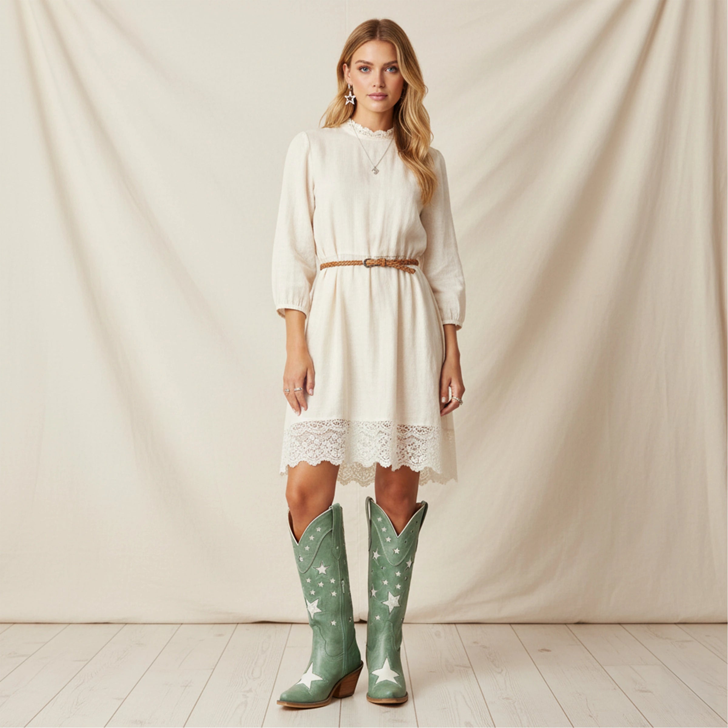 The Hensley - Celestial Green Starry Tall Cowgirl Boots with White Embroidery