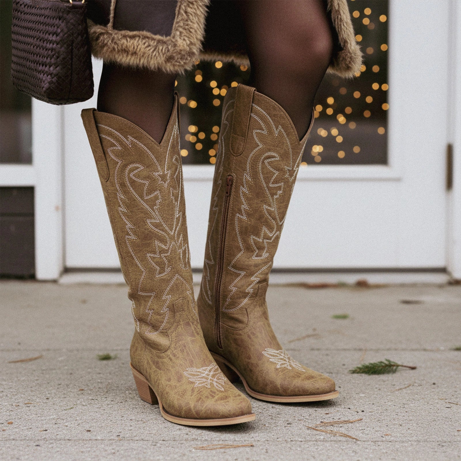 The Molly Wood – Distressed Tan Leather Snip Toe Embroidered Comfy Tall Cowgirl Boots