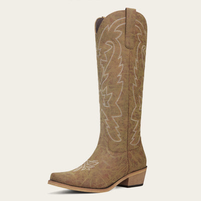 The Molly Wood - Distressed Beige Embroidered Tall Western Cowgirl Boots with Side Zipper