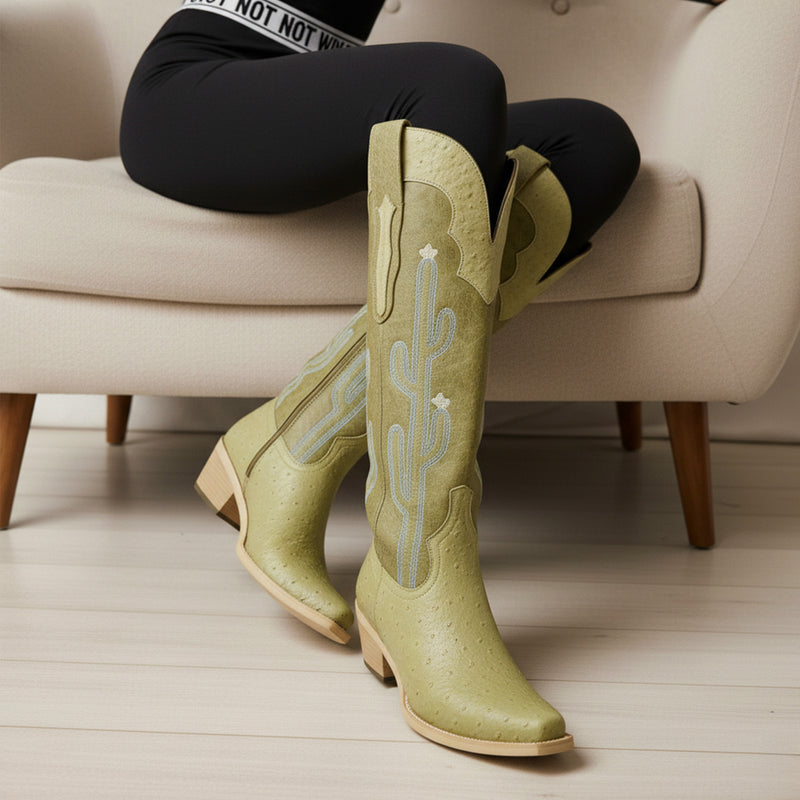 The Saguaro: Two-Tone Green Boots with Cactus Embroidery & Faux Ostrich