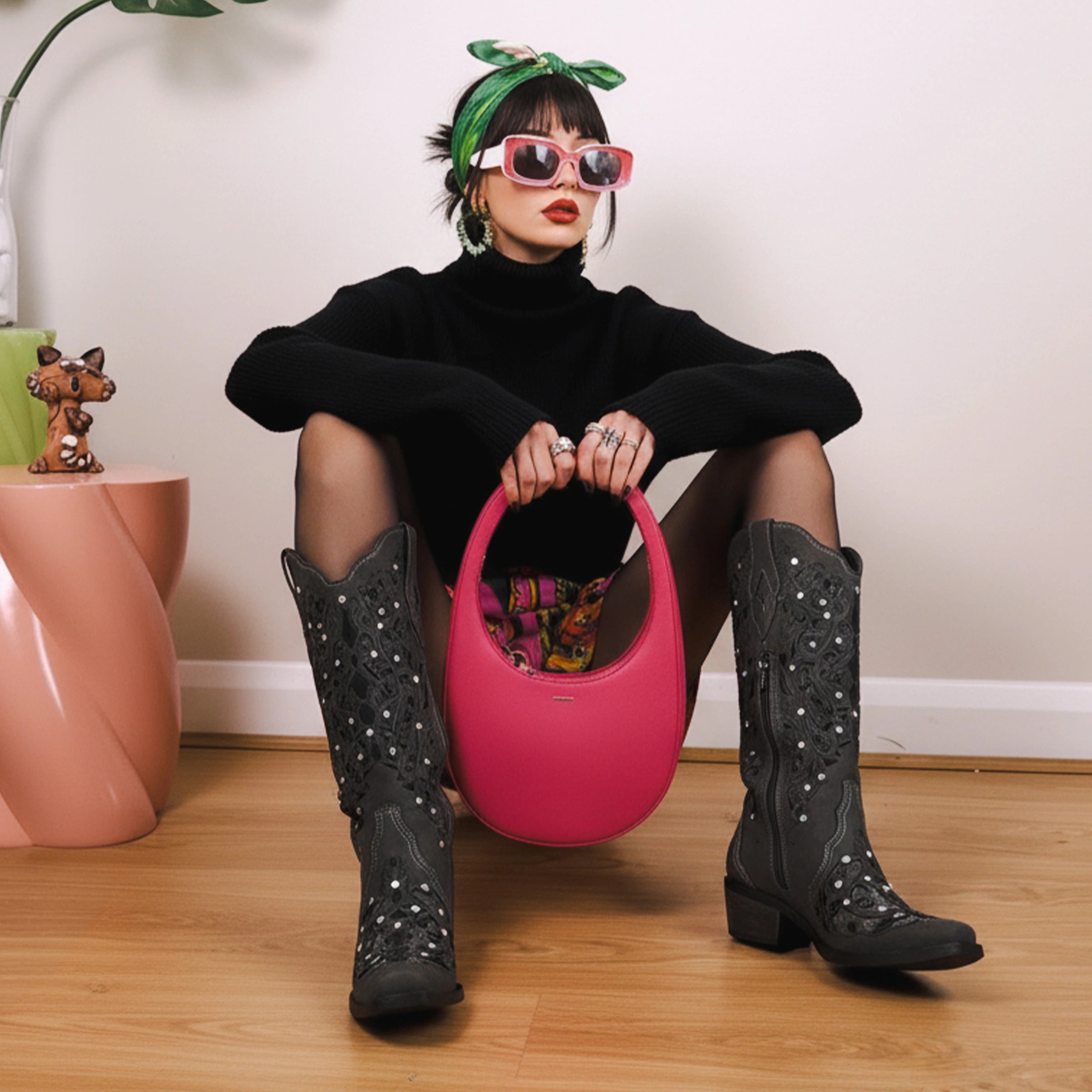 The Ballou - Charcoal Embroidered Cowgirl Boots with Rhinestone and Cutouts