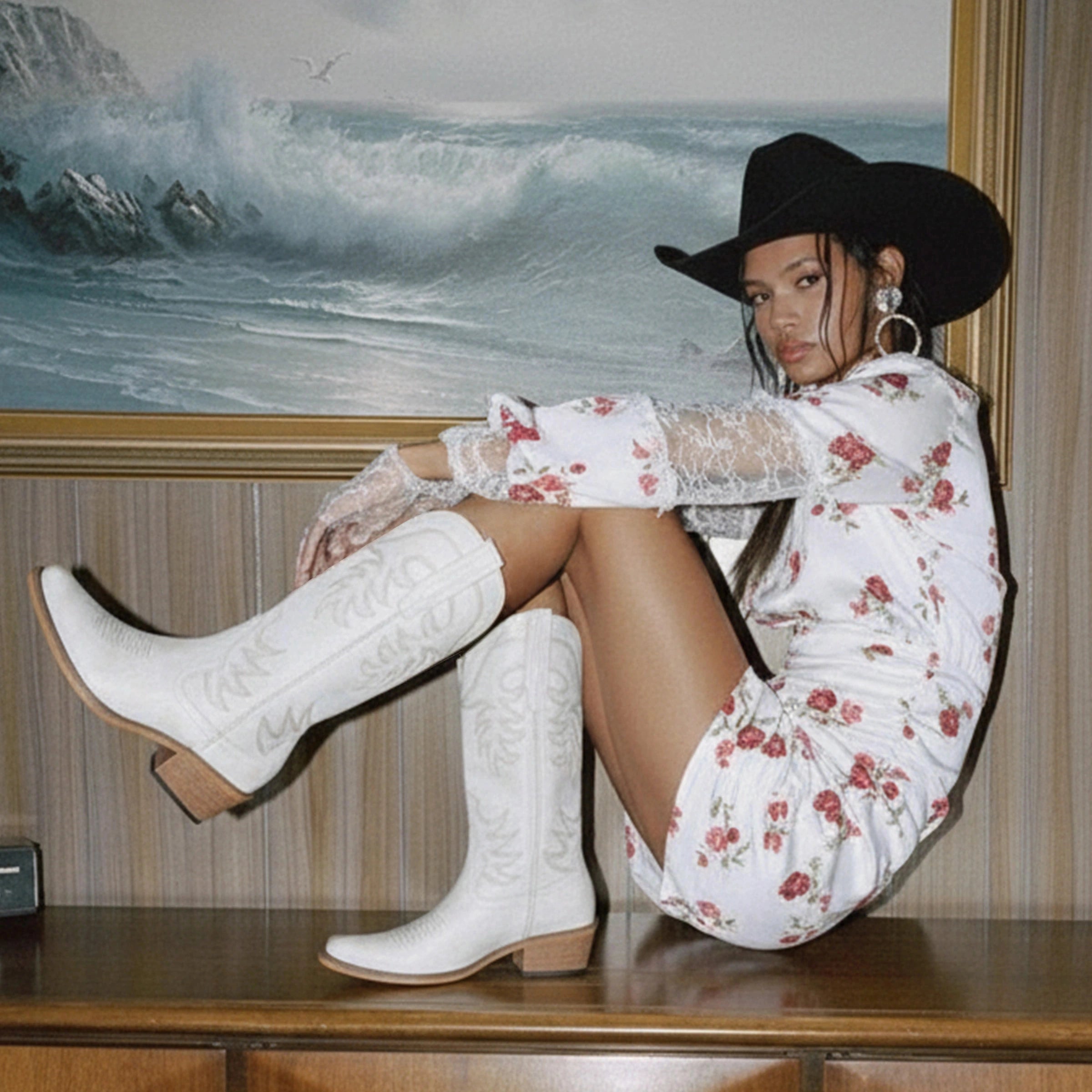 The Elizabeth - Ivory Cowgirl Boots Snip Toe with Embroidered Detail
