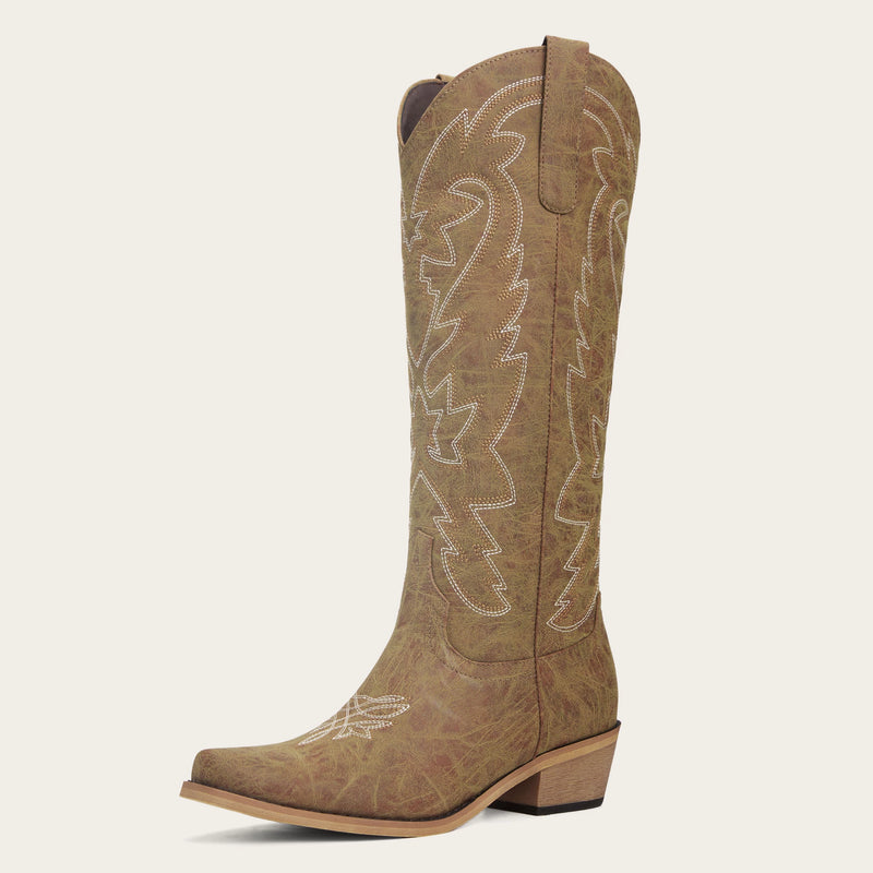 The Molly Wood - Distressed Tan Leather Snip Toe Embroidered Comfy Tall Cowgirl Boots