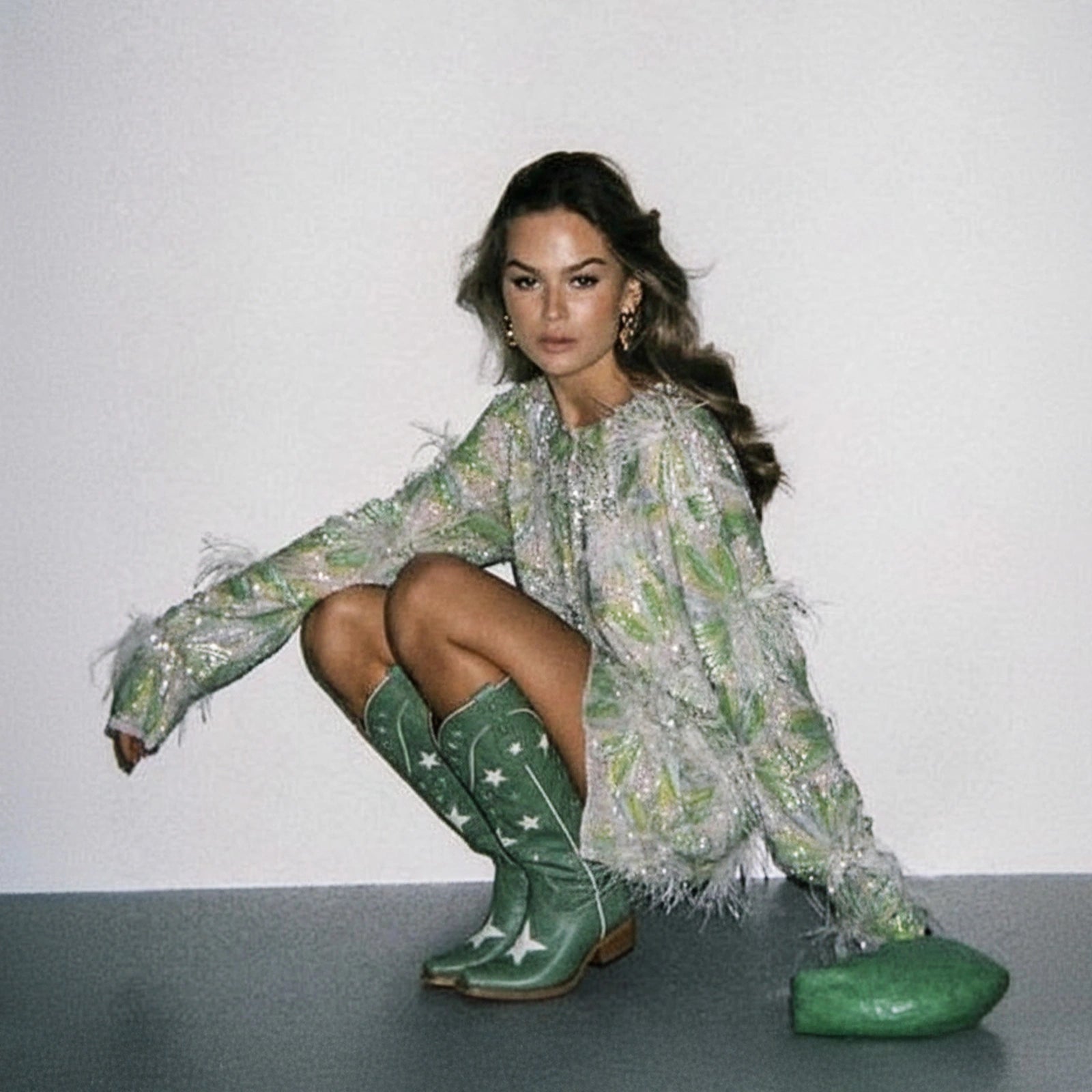 The Hensley - Celestial Green Starry Tall Cowgirl Boots with White Cutout