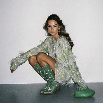 The Hensley - Celestial Green Starry Tall Cowgirl Boots with White Cutout