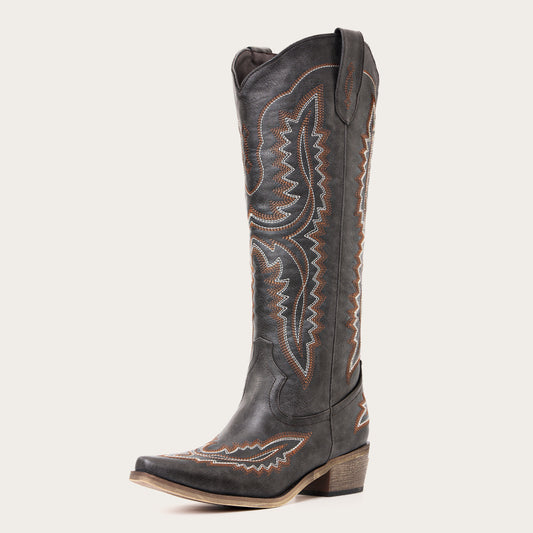 The Josie – Bold Black Tall Western Boots with Embroidery